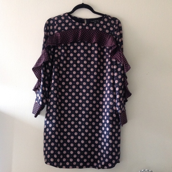 Banana Republic SILK FOULARD DRESS ruffle navy 2 - Picture 2 of 7